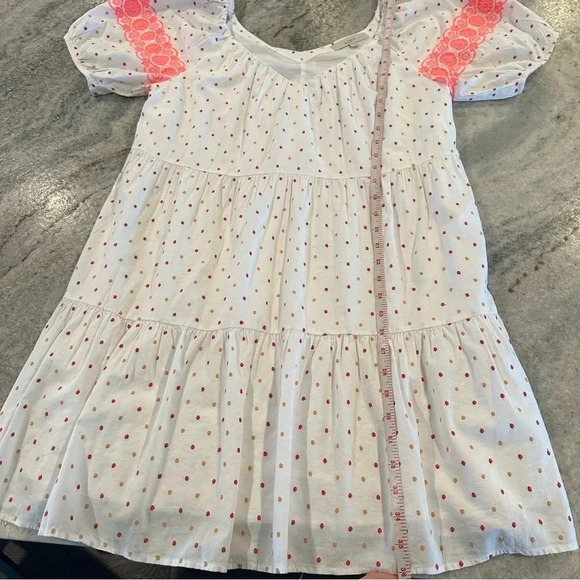 Loft Dot Embroidered Pink & White Puff Sleeve Mini Tiered Swing Dress Size Med - Picture 7 of 9